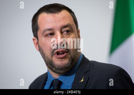 Stellvertretender Ministerpräsident Italiens Matteo Salvini bei der Pressekonferenz mit dem polnischen Innenminister Joachim Brudzinski im Innenministerium in Warschau, Polen, am 9. Januar 2019 (Foto: Mateusz Wlodarczyk/NurPhoto) Stockfoto