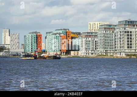 Die River Gardens und die Wohnhäuser von Enderby Wharf in Greenwich, London, Großbritannien Stockfoto