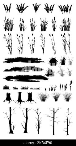 Set aus Sumpfgras, Schilfsprossen, Schilf und Gestrüppen an der Küste. Farn, Baumstämme und faule Stumps. Sumpflandschaft. Blick auf das Flussufer. Silhouette Stock Vektor