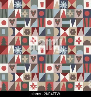 Bunte weihnachtliche abstrakte nahtlose Muster mit geometrischen Formen, Lebkuchen, Herzen und Sternen. Dekorativer Hintergrund für Stoff, Textil Stock Vektor