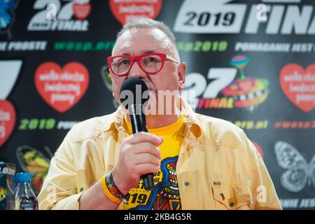 Jerzy Owsiak während des Großen Finales des Großen Orchesters der Weihnachtshilfe (WOSP) 27. in Warschau, Polen am 11. Januar 2019 (Foto: Mateusz Wlodarczyk/NurPhoto) Stockfoto