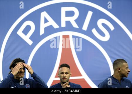 Neymar, Kylian Mbappe und Edinson Cavani von PSG während des französischen Fußballspiels Paris Saint-Germain (PSG) gegen Guingamp (EAG) L1 am 19. Januar 2019 im Stadion Parc des Princes in Paris. (Foto von Mehdi Taamallah / NurPhoto) (Foto von Mehdi Taamallah/NurPhoto) Stockfoto