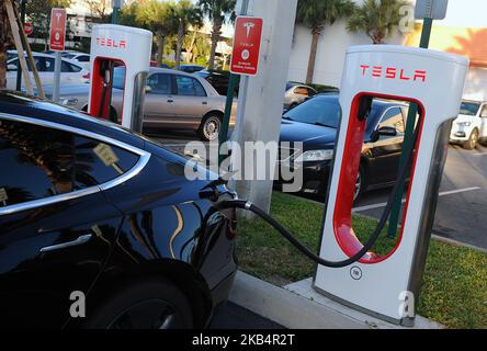 20. Januar 2019 - Altamonte Springs, Florida, USA - Ein Tesla-Elektroauto wird am 20. Januar 2019 an einer Ladestation in Altamonte Springs, Florida, geparkt. Tesla hat die Preise an seinen Supercharger-Stationen angehoben und wird nun die Preise entsprechend der lokalen Nachfrage und den Stromraten festlegen. (Foto von Paul Hennessy/NurPhoto) Stockfoto