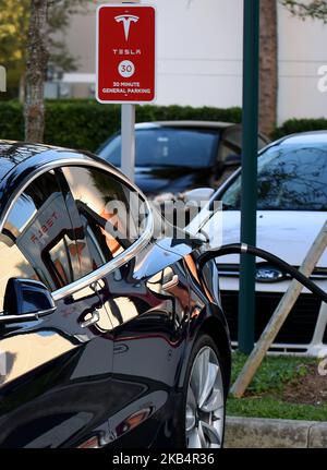 Ein Tesla-Elektroauto wird am 20. Januar 2019 an einer Ladestation in Altamonte Springs, Florida, geparkt. Tesla hat die Preise an seinen Supercharger-Stationen angehoben und wird nun die Preise entsprechend der lokalen Nachfrage und den Stromraten festlegen. (Foto von Paul Hennessy/NurPhoto) Stockfoto