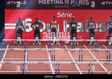 Von links nach rechts : Christopher Maillot (Fra), Wilhem Belocian (Fra), Orlando Ortega (Esp), Aurel Manga (Fr), David King (GbR), Enrique Llopis (Esp) tritt am 27. Januar 2019 beim Leichtathletik-Hallentreffen von Paris 2019 in der AccorHotels Arena (Bercy) in Paris, Frankreich, an 60m Hürden an. Das Meeting de Paris Indoor ist eine von 16 Veranstaltungen, die die European Athletics Indoor Permit Meeting-Reihe bilden. Fünf von ihnen finden in Frankreich statt und die Serie läuft bis zum 24. Februar mit dem All Star Perche in Clermont-Ferrand, weniger als eine Woche vor dem Start des Glasgow 2019 European Athlet Stockfoto