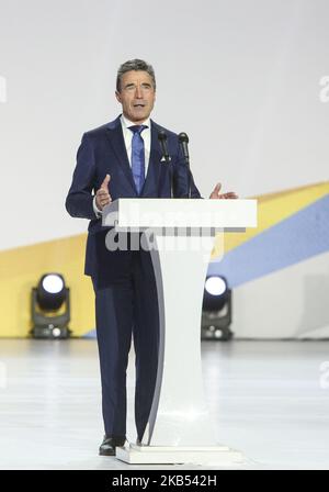 NATO-Generalsekretär anders Fogh Rasmussen hält eine Rede während eines Forums, in dem der ukrainische Präsident Petro Poroschenko ankündigt, während des Forums in Kiew, Ukraine, im Januar 29,2019, seine Bewerbung für eine zweite fünfjährige Amtszeit zu starten (Foto: Sergii Kharchenko/NurPhoto) Stockfoto