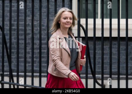 Elizabeth Truss, die Chefsekretärin des Finanzministeriums, verlässt das Amt nach einer Kabinettssitzung in der Downing Street 10 im Zentrum von London, Großbritannien, am 29. Januar 2019. Heute werden die Abgeordneten über Theresa Mays „Plan B“ zum Brexit diskutieren und über eine Reihe von Änderungsanträgen abstimmen, die dazu führen könnten, den Brexit durch die Verlängerung von Artikel 50 oder die Änderung des umstrittenen irischen Grenzschutzabkommens über das EU-Austrittsabkommen zu verzögern. (Foto von Wiktor Szymanowicz/NurPhoto) Stockfoto