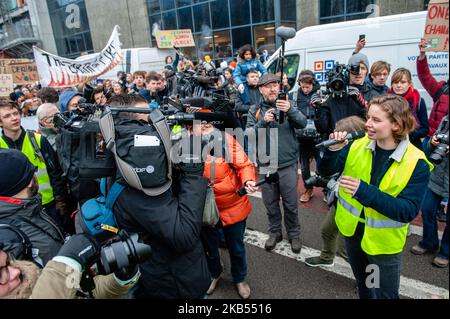 Anuna de Weber, Hauptorganisatorin des Protestes, eröffnet am 31. Januar 2019 in Brüssel die vierte Demonstration für eine bessere Klimapolitik. (Foto von Romy Arroyo Fernandez/NurPhoto) Stockfoto