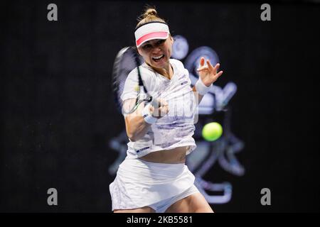 Vera Zvonareva aus Russland gibt den Ball an Julia Goerges aus Deutschland während ihres WTA St. Petersburg Ladies Trophy 2019 Tennisspiels am 30. Januar 2019 in Sankt Petersburg, Russland, zurück. (Foto von Mike Kireev/NurPhoto) Stockfoto