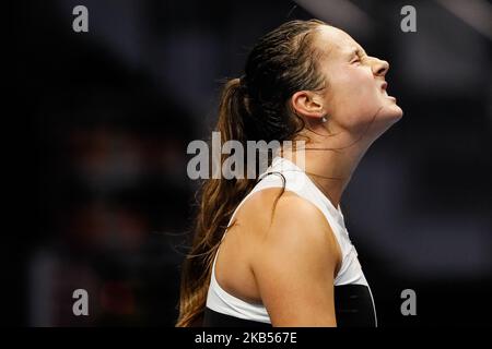 Daria Kasatkina aus Russland reagiert während ihres WTA St. Petersburg Ladies Trophy 2019 Tennisspiels gegen Vera Zvonareva aus Russland am 1. Februar 2019 in Sankt Petersburg, Russland. (Foto von Mike Kireev/NurPhoto) Stockfoto