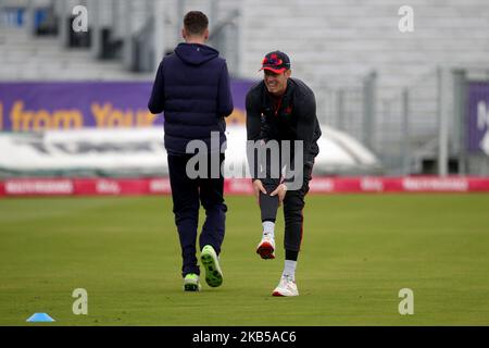 Keaton Jennings von Lancashire Lightning erwärmt sich vor dem Vitality Blast T20-Spiel zwischen Lancashire und Essex am Mittwoch, 4.. September 2019, in Emirates Riverside, Chester le Street. (Foto von Mark Fletcher/MI News/NurPhoto) Stockfoto