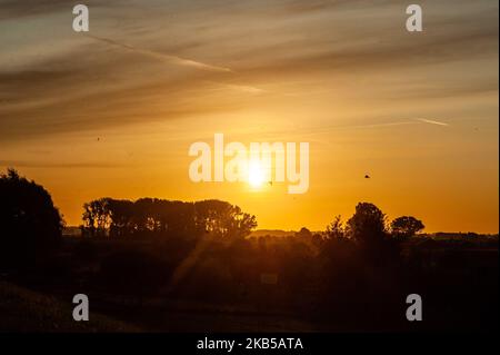 Blick auf einen wunderschönen Sonnenaufgang in Nijmegen, Niederlande, am 6. September 2019. Der Ooijpolder ist ein schönes Gebiet zum Wandern und Entspannen in der Nähe der Waalbrug-Brücke und umgeben vom Waal-Fluss. Das Gebiet liegt östlich der Stadt Nijmegen in der Provinz Gelderland. Es zeichnet sich durch eine weitläufige Landschaft mit kleinen Dörfern, Bauernhöfen und schöner Natur aus. (Foto von Romy Arroyo Fernandez/NurPhoto) Stockfoto