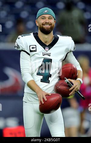 Houston, Texas, USA. 3.. November 2022. Philadelphia Eagles Platzieren Sie Kicker Jake Elliott (4) vor dem Spiel zwischen den Houston Texans und den Philadelphia Eagles am 3. November 2022 im NRG Stadium in Houston, TX. (Bild: © Erik Williams/ZUMA Press Wire) Stockfoto