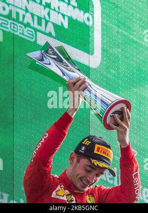 Charles Leclerc aus Monaco feiert am 08. September 2019 in Monza, Italien, seinen Podiumssieg beim Formel 1 Gran Premio Heineken Italien. (Foto von Robert Szaniszlo/NurPhoto) Stockfoto