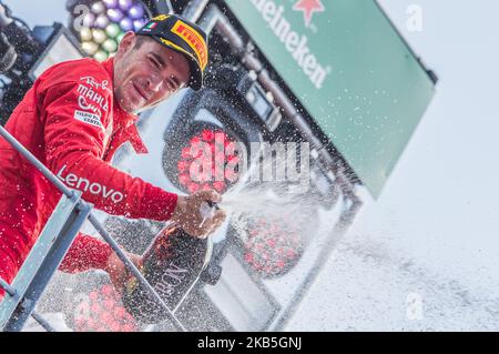Charles Leclerc aus Monaco feiert am 08. September 2019 in Monza, Italien, seinen Podiumssieg beim Formel 1 Gran Premio Heineken Italien. (Foto von Robert Szaniszlo/NurPhoto) Stockfoto