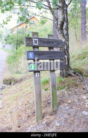 Schild mit Wanderpfad rund um Valldal oder Valldalen Angeln oder Sylte im Valldal Tal mit traditionellen Häusern, Kirche, Tankstelle, Tunnel, der Fjord umgeben von Bergen in Norddal Gemeinde in Møre Og Romsdal Kreis in Norwegen. Es gibt steile Hügel und alpine Berge mit Gletschern rund um, fließt der Valldola Fluss das fruchtbare Tal mit vielen Wasserfällen in den benachbarten Hügeln geschaffen. Das Dorf ist berühmt und beliebt bei Touristen und Besuchern, da es mit der Fähre zum Sognefjord mit dem Geiranger Fjord und Trollstigen von der anderen Seite, Teil des norwegischen National R, verbindet Stockfoto