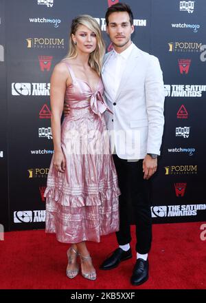 HOLLYWOOD, LOS ANGELES, KALIFORNIEN, USA - 13. SEPTEMBER: Die Schauspielerin Melissa Benoist und ihr Mann/Schauspieler Chris Wood kommen zu den Annual Saturn Awards 45., die am 13. September 2019 im Avalon Hollywood in Hollywood, Los Angeles, Kalifornien, USA, abgehalten werden. (Foto von David Acosta/Image Press Agency/NurPhoto) Stockfoto