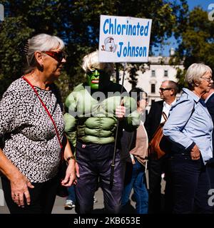 Ein Protestler trägt ein unglaubliches Hulk-Kostüm und Boris Johnson Perücke, während Aktivisten, die zur Wiedereröffnung des Parlaments aufrufen, am 17. September 2019 vor dem Obersten Gerichtshof in London, England, demonstrieren. Am Wochenende verglich sich Johnson mit der Superheldenfigur in seinem Ansatz zum Brexit. Eine Jury aus 11 Richtern am Obersten Gerichtshof begann heute mit der Anhörung von Argumenten in zwei Berufungen von Urteilen über die Rechtmäßigkeit der aktuellen Prorogation des Parlaments. Die Prorogation wurde vom Court of Session in Edinburgh für rechtswidrig erklärt, wo sie für unangemessen motiviert erklärt wurde Stockfoto