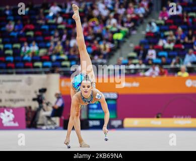 Nicol Zelikman aus Israel während der Rhythmischen Gymnastik-Weltmeisterschaft 37. in der Nationalen Gymnastikarena in Baku, Aserbaidschan, am 19. September 2019. (Foto von Ulrik Pedersen/NurPhoto) Stockfoto