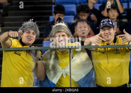 Ein Russland-Fan schaut während des Rugby-WM-Spiel Pool B 2019 zwischen Neuseeland und Südafrika im International Stadium Yokohama am 21. September 2019 in Yokohama, Japan, auf. (Foto von Alessandro Di Ciommo/NurPhoto) Stockfoto