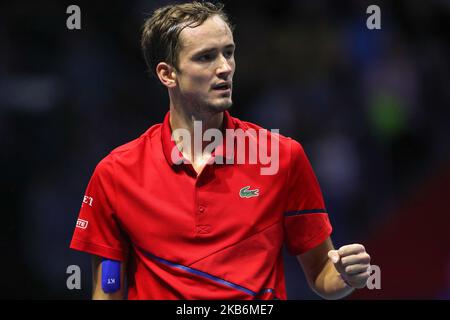 Daniil Medwedew aus Russland reagiert beim Finalspiel des St.Petersburg Open ATP Tennisturniers in St.Petersburg, Russland, am 22. September 2019. (Foto von Igor Russak/NurPhoto) Stockfoto