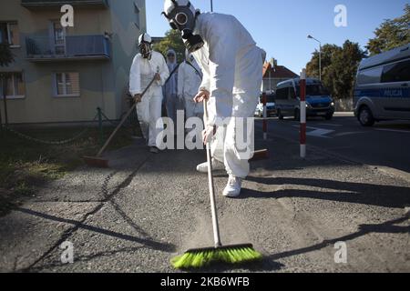 Mitglieder der rechtsextremen Gruppe Mlodziez Wszechpolska reinigen die Straßen nach der LGBT-Parade in Kalisz, Polen, am 22. September 2019. (Foto von Maciej Luczniewski/NurPhoto) Stockfoto