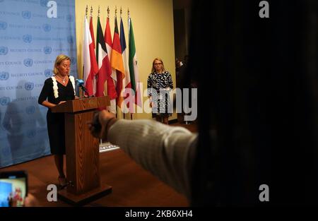 Die hohe Vertreterin der EU, Federica Mogherini, spricht nach einem geschlossenen Treffen der Außenminister Chinas, Frankreichs, Deutschlands und Russlands am 25. September 2019 in New York, USA, vor der UN-Presse. (Foto von Selcuk Acar/NurPhoto) Stockfoto