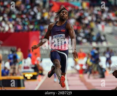 Tyrone Smith aus Bermuda, der am 27. September 2019 im Khalifa-Stadion in Doha, Katar, bei den IAAF-Leichtathletik-Weltmeisterschaften 17. im Weitsprung für Männer antritt. (Foto von Ulrik Pedersen/NurPhoto) Stockfoto