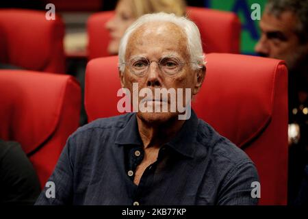 Giorgio Armani blickt während des LBA Lega Basket Auf Ein Spiel zwischen AX Armani Exchange Mailand und Urania Milano im Mediolanum Forum Milano am 29. September 2019 in Mailand, Italien. (Foto von Giuseppe Cottini/NurPhoto) Stockfoto