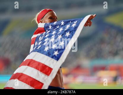 Sandi Morris aus den Vereinigten Staaten konkurriert am 29. September 2019 im Stabhochsprung für Frauen bei den IAAF-Leichtathletik-Weltmeisterschaften 17. im Khalifa-Stadion in Doha, Katar. (Foto von Ulrik Pedersen/NurPhoto) Stockfoto