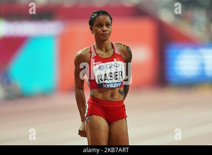 Salwa Eid Naser aus Bahrain, der am 30. September 2019 im Khalifa-Stadion in Doha, Katar, bei den IAAF-Leichtathletik-Weltmeisterschaften 17. im 400-Meter-Lauf für Frauen antritt. (Foto von Ulrik Pedersen/NurPhoto) Stockfoto