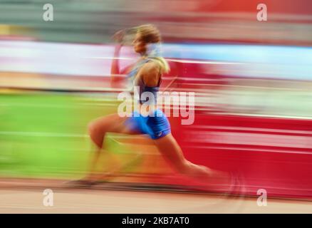 Yaroslava Mahuchikh aus der Ukraine tritt am 30. September 2019 im Hochsprung für Frauen bei den IAAF-Leichtathletik-Weltmeisterschaften 17. im Khalifa-Stadion in Doha, Katar, an. (Foto von Ulrik Pedersen/NurPhoto) Stockfoto