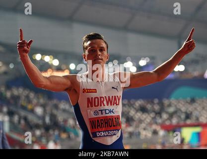 Karsten Warholm aus Norwegen feiert den Goldsieg bei den 400-Meter-Hürden für Männer während der IAAF-Leichtathletik-Weltmeisterschaften 17. im Khalifa-Stadion in Doha, Katar, am 30. September 2019. (Foto von Ulrik Pedersen/NurPhoto) Stockfoto