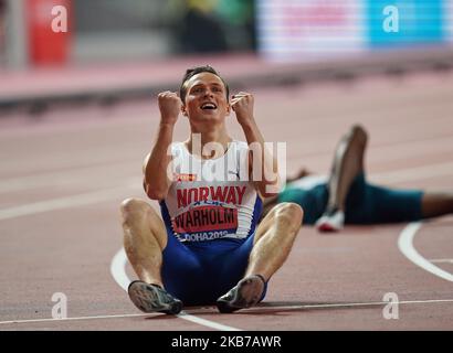 Karsten Warholm aus Norwegen feiert den Goldsieg bei den 400-Meter-Hürden für Männer während der IAAF-Leichtathletik-Weltmeisterschaften 17. im Khalifa-Stadion in Doha, Katar, am 30. September 2019. (Foto von Ulrik Pedersen/NurPhoto) Stockfoto