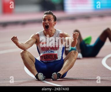 Karsten Warholm aus Norwegen feiert den Goldsieg bei den 400-Meter-Hürden für Männer während der IAAF-Leichtathletik-Weltmeisterschaften 17. im Khalifa-Stadion in Doha, Katar, am 30. September 2019. (Foto von Ulrik Pedersen/NurPhoto) Stockfoto