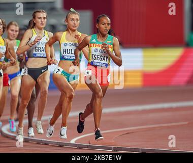 Gudaf Tsegay aus Äthiopien, der am 2. Oktober 2019 im Khalifa-Stadion in Doha, Katar, bei den IAAF-Leichtathletik-Weltmeisterschaften 17. im 1500-Meter-Lauf für Frauen antritt. (Foto von Ulrik Pedersen/NurPhoto) Stockfoto