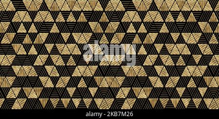 Nahtlose goldene geometrische Dreieckslinie. Vintage abstrakt vergoldet Relief Skulptur auf schwarzem Hintergrund. Moderner, eleganter Metallic-Luxus-Bac Stockfoto