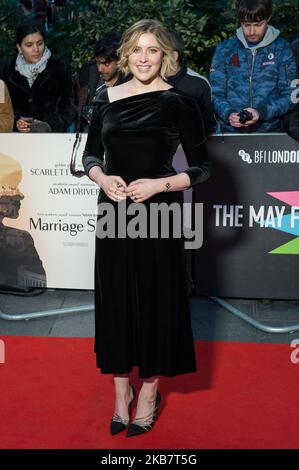 Greta Gerwig nimmt an der britischen Filmpremiere von „Marriage Story“ am Odeon Luxe Leicester Square während der 63. BFI London Film Festival May Fair Hotel Gala am 06. Oktober 2019 in London, England, Teil. (Foto von Wiktor Szymanowicz/NurPhoto) Stockfoto