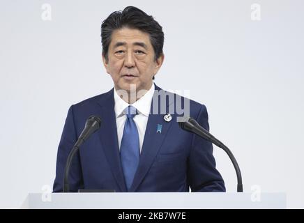 Der japanische Premierminister Shinzo Abe hält nach Abschluss eines erfolgreichen Gipfeltreffens G20 am 29. Juni 2019 in INTEX Osaka, Japan, eine Pressekonferenz ab. (Foto von Yichuan Cao/NurPhoto) Stockfoto