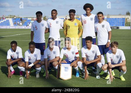 England (L-R) CJ Egan-Riley (Manchester City), Jamal Baptiste (West Ham United), Tobi Oluwayemi (Celtic), Tyler Onyango (Everton), Lewis Dobbin (Everton), Amadou Diallo (West Ham United), Karamoko Dembele (Celtic), Jamal Musiala (Bayern München), Levi Colwill (Chelsea) James Norris (Liverpool) beim internationalen Freundschaftsspiel zwischen England U17 und Deutschland U17 in der Pinatar Arena am 10. Oktober 2019 in San Pedro del Pinatar, Spanien. (Foto von Jose Breton/Pics Action/NurPhoto) Stockfoto