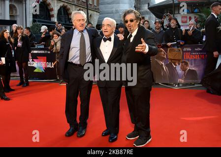 Al Pacino (L), Martin Scorsese (C) und Robert De Niro nehmen am 13. Oktober 2019 an der Internationalen Premiere- und Abschlussgala des Iren während des BFI London Film Festivals 63. auf dem Odeon Luxe Leicester Square in London, England, Teil. (Foto von Alberto Pezzali/NurPhoto) Stockfoto