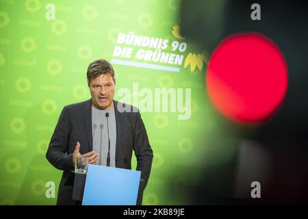 Der Vorsitzende von Buendnis 90 / die Grünen Robert Habeck wird bei einer Pressekonferenz am 14. Oktober 2019 in Berlin abgebildet. (Foto von Emmanuele Contini/NurPhoto) Stockfoto