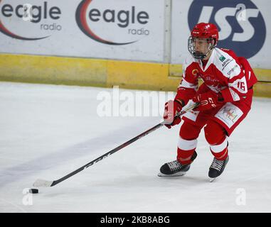 Jay Warren von Swindon Wildcats während der National Ice Hockey League zwischen Guildford Phoenix und Swindon Wildcats 2 im Guildford Spectrum Stadium in Guildford, England am 13. Oktober 2019 (Foto von Action Foto Sport/NurPhoto) Stockfoto