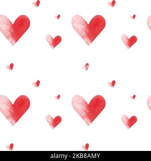 Abstraktes nahtloses Muster aus texturellen volumetrischen Herzen in Aquarell-Manier in trendigen Rottönen. Isolieren. Vektor. EPS Geeignet für Werbung, Stoff oder Poster, Broschüre, Menü, Banner, Hintergrund. Stock Vektor