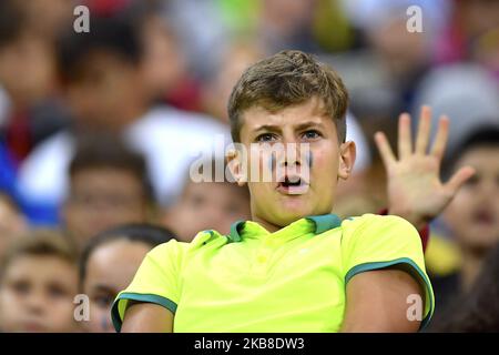 Junge rumänische Fans unterstützen ihr Team während des UEFA Euro 2020 Qualifikationsspiels zwischen Rumänien und Norwegen in der Arena Nationala am 15. Oktober 2019 in Bukarest, Rumänien. (Foto von Alex Nicodim/NurPhoto) Stockfoto