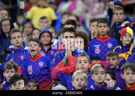 Junge rumänische Fans unterstützen ihr Team während des UEFA Euro 2020 Qualifikationsspiels zwischen Rumänien und Norwegen in der Arena Nationala am 15. Oktober 2019 in Bukarest, Rumänien. (Foto von Alex Nicodim/NurPhoto) Stockfoto