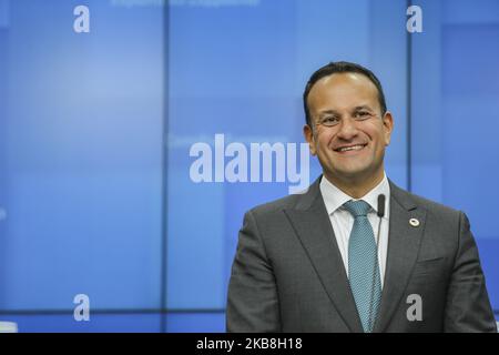 Leo Varadkar, der irische Premierminister während einer Pressekonferenz - Briefing zur Medienaussage beim Treffen der EU-Staats- und Regierungschefs des Europäischen Rates am 17. Oktober 2019 in Brüssel, Belgien mit dem Hauptthema Brexit. Die EU und die Briten haben sich auf das Ausreiseabkommen des Vereinigten Königreichs aus der EU, Artikel 50 und das Sonderabkommen zwischen Irland, Nordirland, dem Vereinigten Königreich und der EU über Grenzen und Zoll geeinigt. (Foto von Nicolas Economou/NurPhoto) Stockfoto