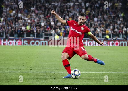 Bayer Leverkusen leitet Kevin Volland (31) im Einsatz während des UEFA Champions League-Gruppenfußballspiels Nr.2 JUVENTUS - BAYER LEVERKUSEN am 01. Oktober 2019 im Allianz-Stadion in Turin, Piemont, Italien. Endergebnis: Juventus-Bayer Leverkusen 3-0. (Foto von Matteo Bottanelli/NurPhoto) Stockfoto