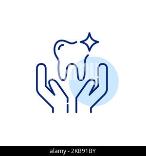 Zahnpflege und Medizin. Glänzender Zahn in den Händen. Pixel Perfect, bearbeitbares Kontursymbol Stock Vektor