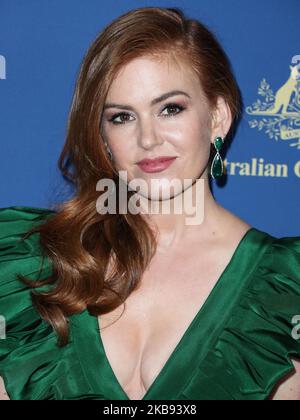 CENTURY CITY, LOS ANGELES, KALIFORNIEN, USA - 23. OKTOBER: Die Schauspielerin Isla Fisher im Kleid von Alexia Maria kommt bei den 2019 Australiern bei den Filmpreisen an, die am 23. Oktober 2019 im InterContinental Los Angeles Century City in Century City, Los Angeles, Kalifornien, USA, abgehalten wurden. (Foto von Xavier Collin/Image Press Agency/NurPhoto) Stockfoto